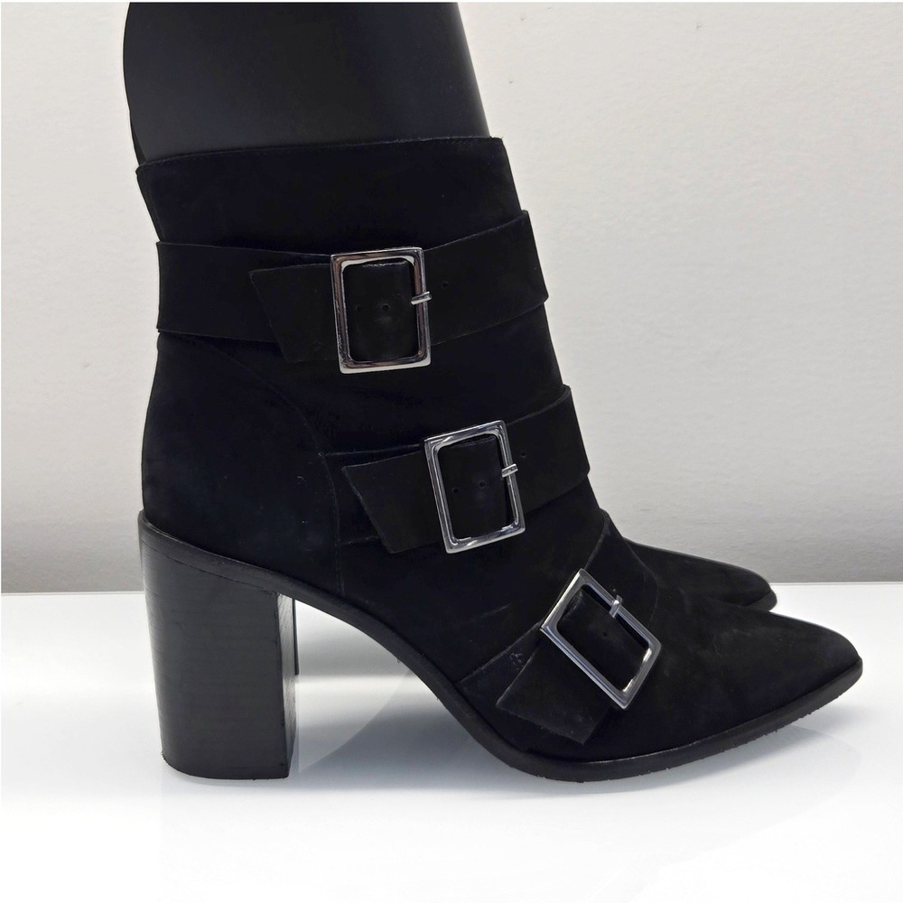Schutz Boots Women 8.5 Black Nubuck Leather Triple Buckle Pointed Toe Block Heel